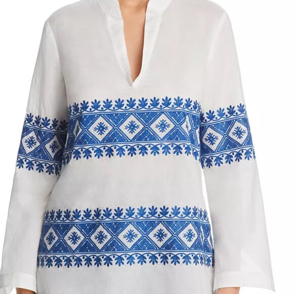 Tory Burch Stephanie Embroidered Coverup Tunic Top Ivory blue L - Picture 13 of 14